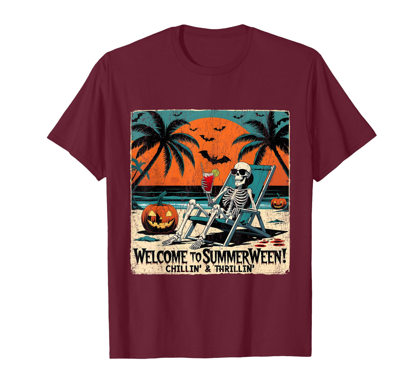 Summerween Skeleton Beach Halloween Tropical Art T-Shirt