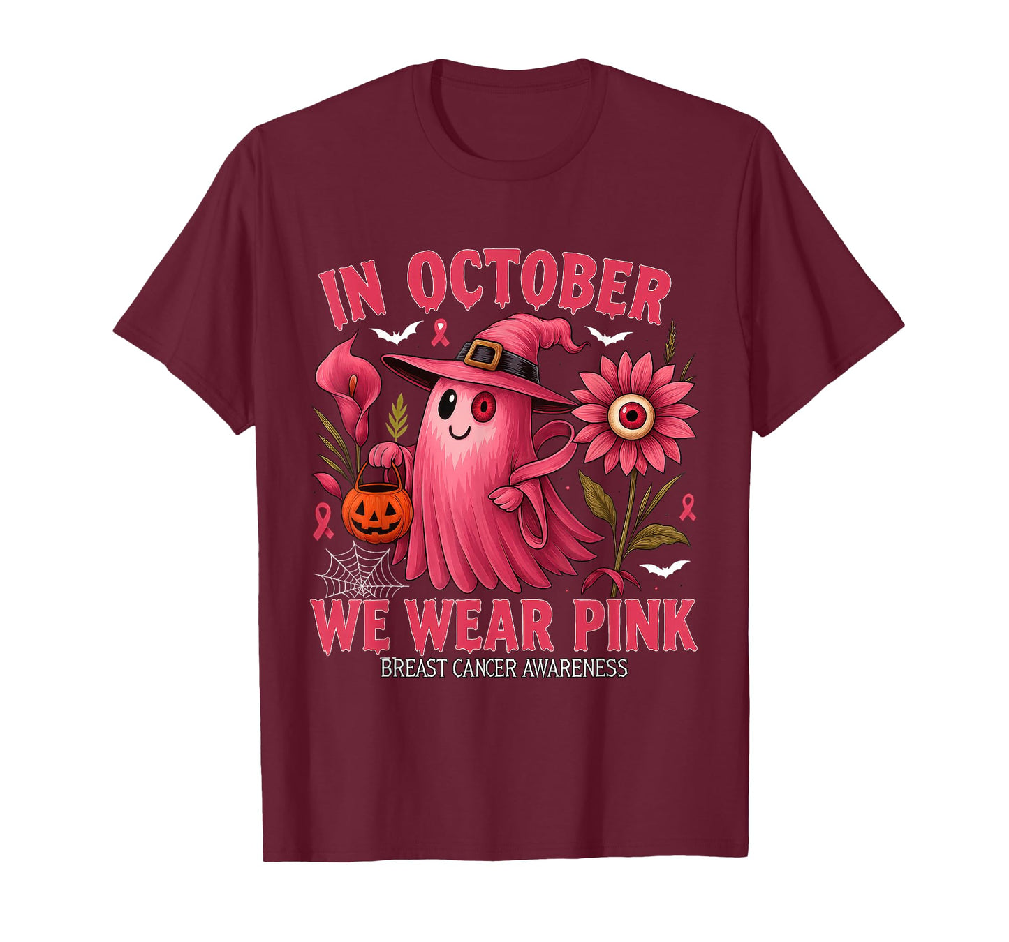 In October We Wear Pink Halloween Shirt Ghost Breast Cancer T-Shirt