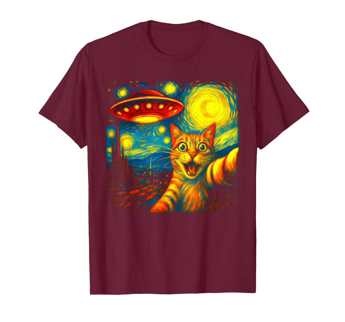 Cat Selfie With Alien UFO Funny Starry Night Van Gogh Men Women Kids T-Shirt