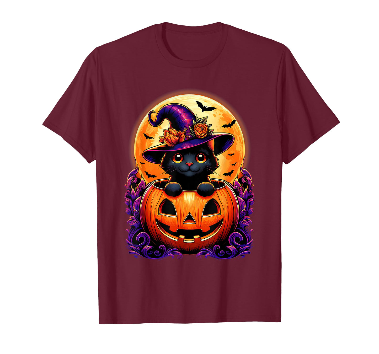 Black Cat Witch Hat Pumpkin Funny Halloween Men Women Kids T-Shirt