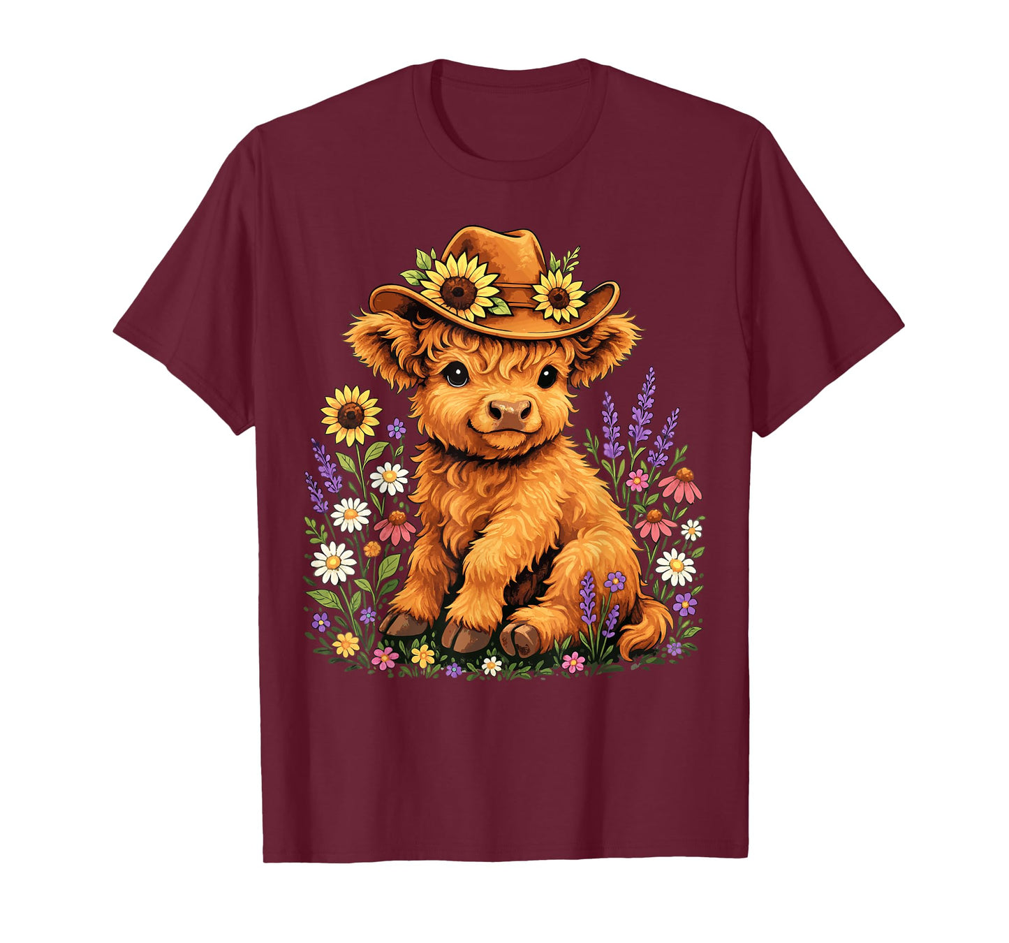Cute Highland Cow with Flowers and Cowboy Hat T-Shirt