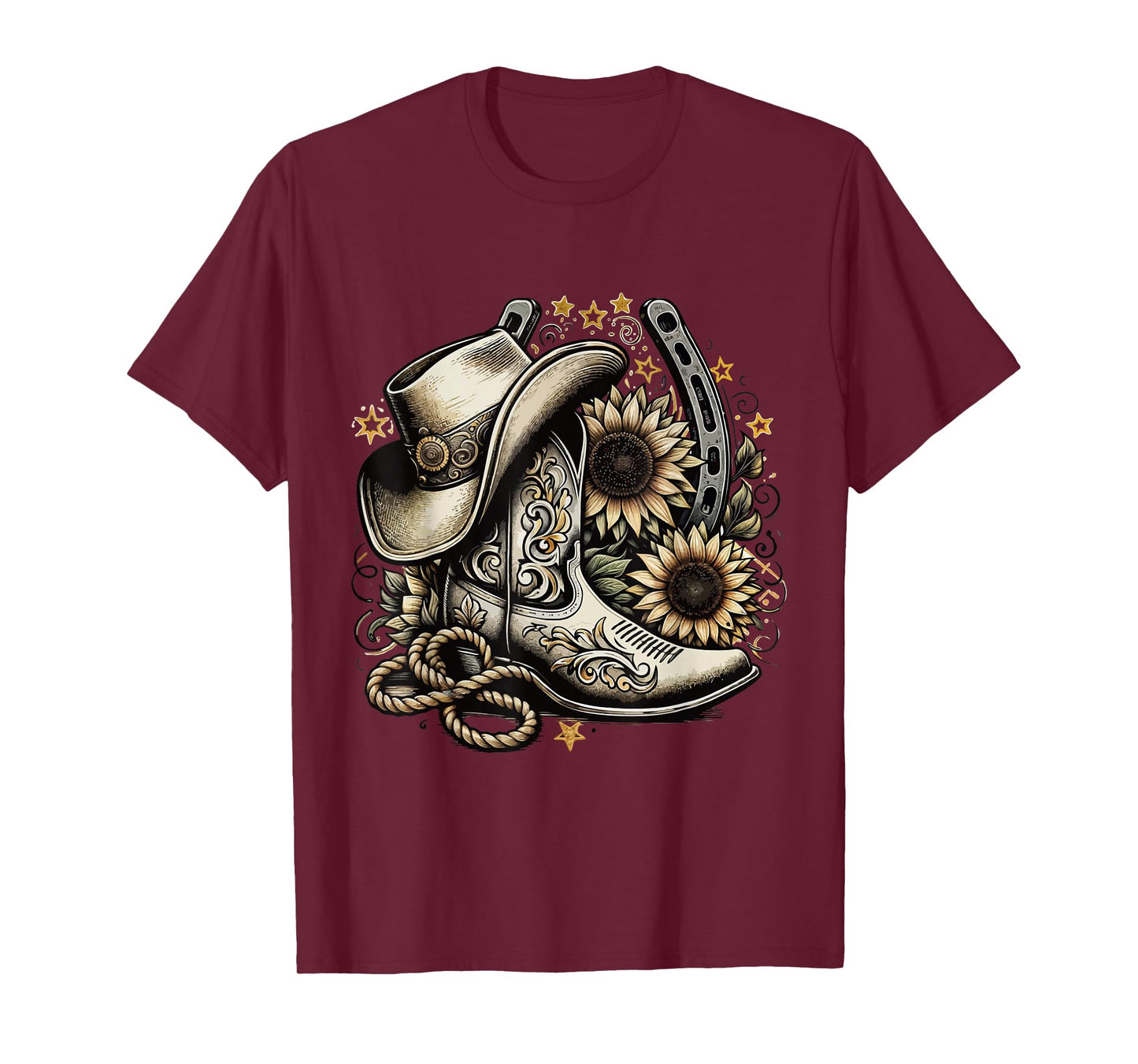 Western Cowboy Boot Horseshoe Sunflower Rope Cowgirl Country T-Shirt