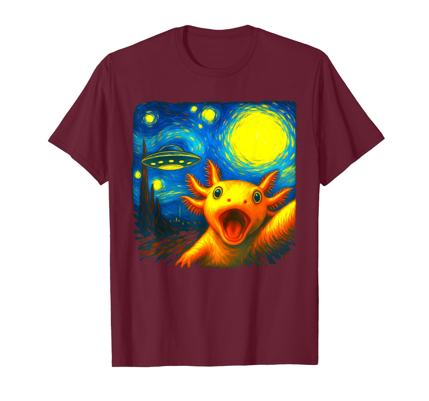 Axolotl Selfie With Alien UFO Funny Starry Night Van Gogh T-Shirt