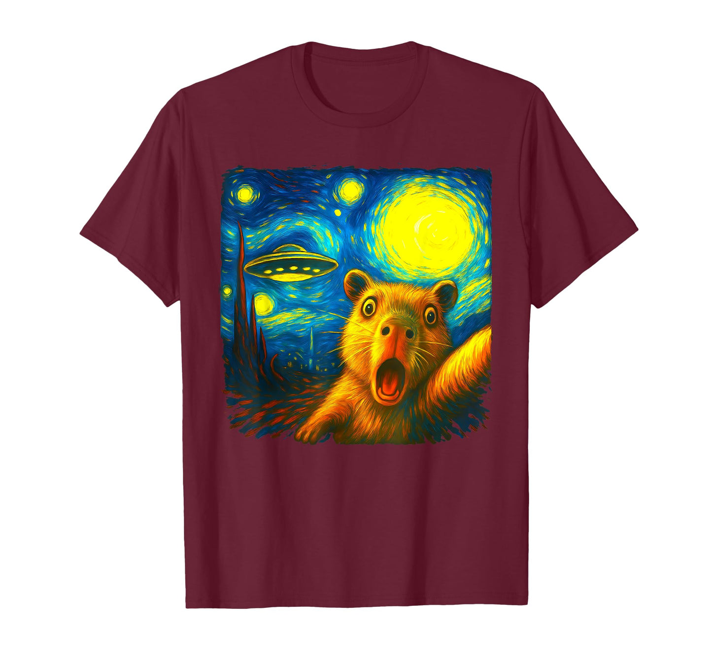 Capybara Selfie With Alien UFO Funny Starry Night Van Gogh T-Shirt