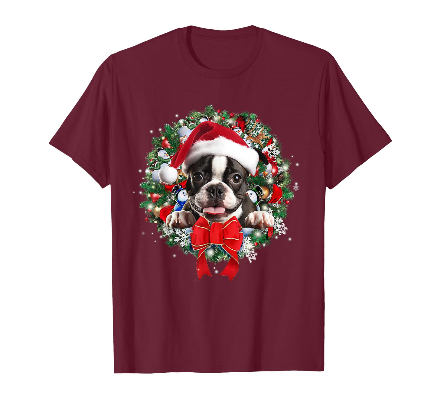 Boston Terrier Christmas Wreath Decoration Xmas Pajamas T-Shirt