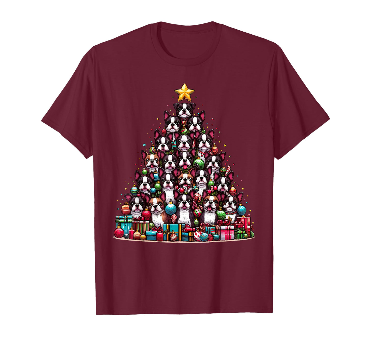 Cute Boston Terrier Christmas Tree Dog Womens Mens Kids T-Shirt