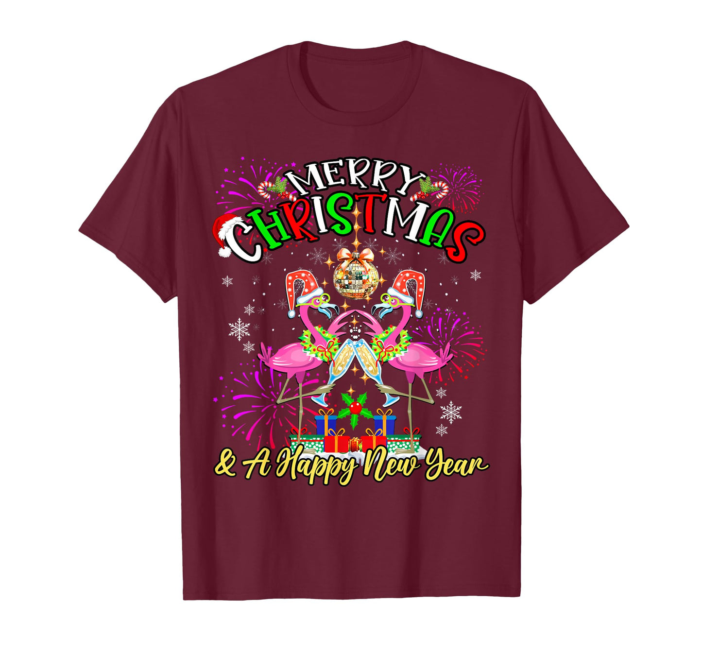 Merry Christmas & A Happy New Year Fireworks Flamingo Lover T-Shirt