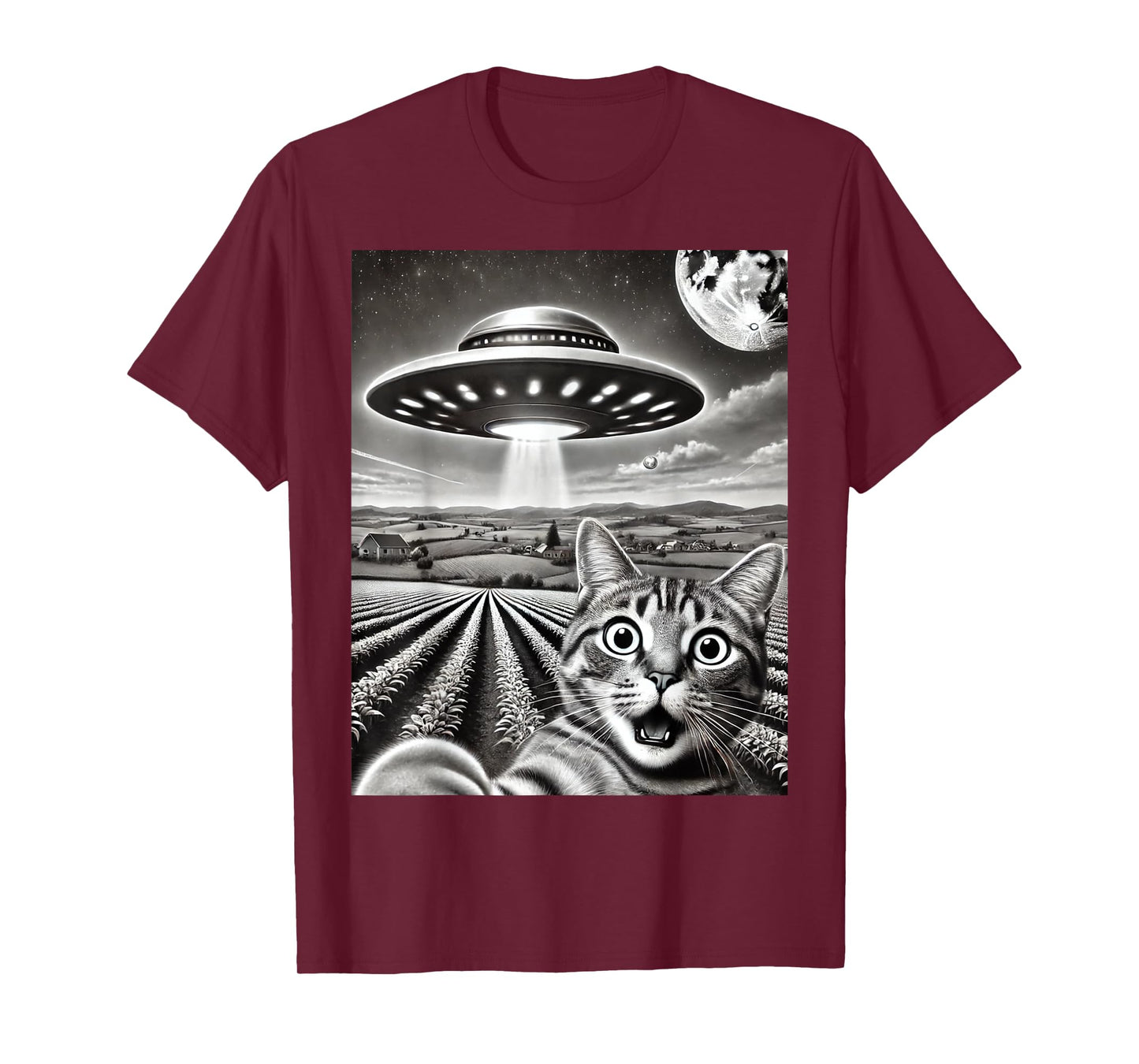Cat Selfie With Alien UFO Funny Cat Weird Graphic Men Women Kids T-Shirt