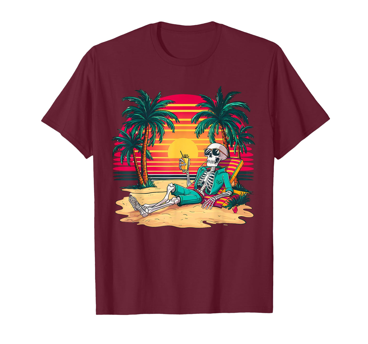 Funny Skeleton On Tropical Island Beach Retro T-Shirt for Men Women Kids