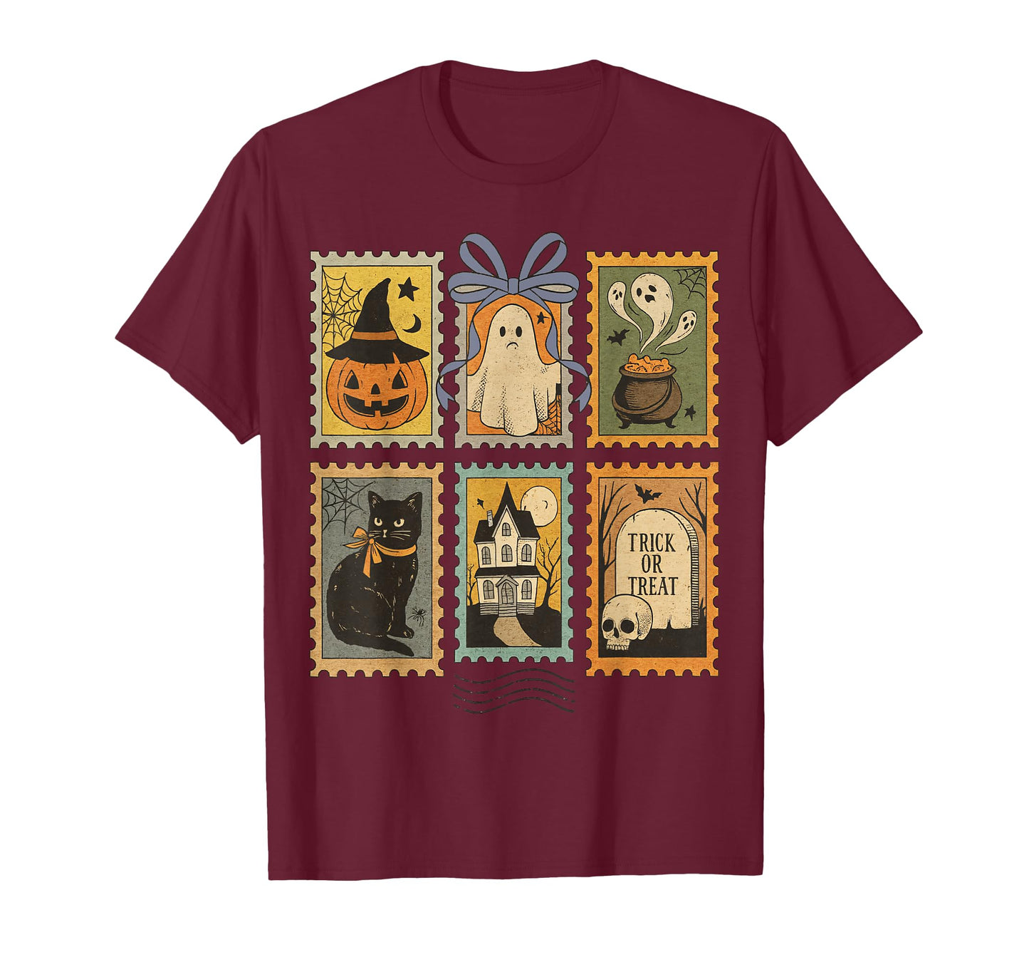Vintage Halloween Postage Stamps Pumpkin Ghost Cat T-Shirt