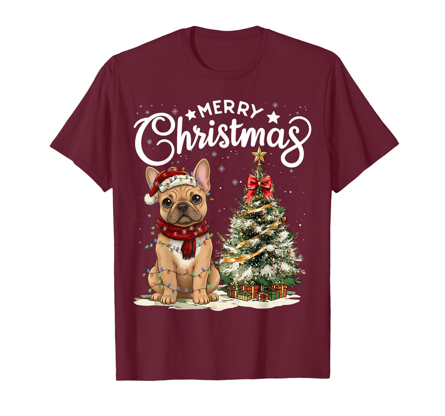 French Bulldog Merry Christmas Dog Santa Hat Tree Lights T-Shirt