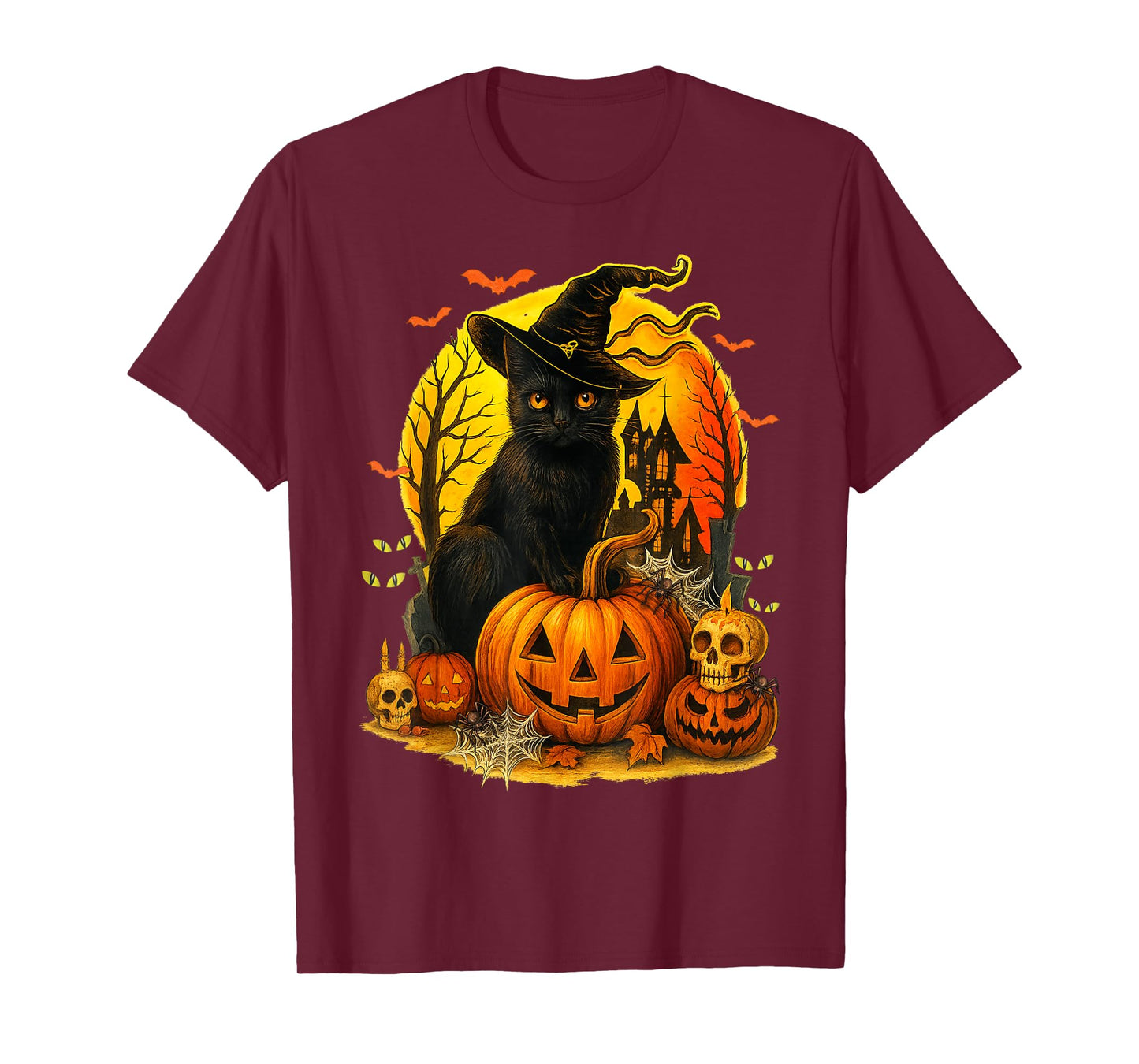 Retro Black Cat Witch Scary Halloween Pumpkin Women Men Kids T-Shirt