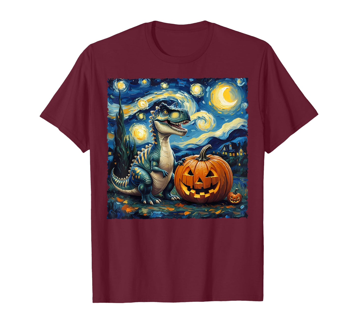 Dinosaur Pumpkin Van Gogh Starry Night Style Halloween Art T-Shirt