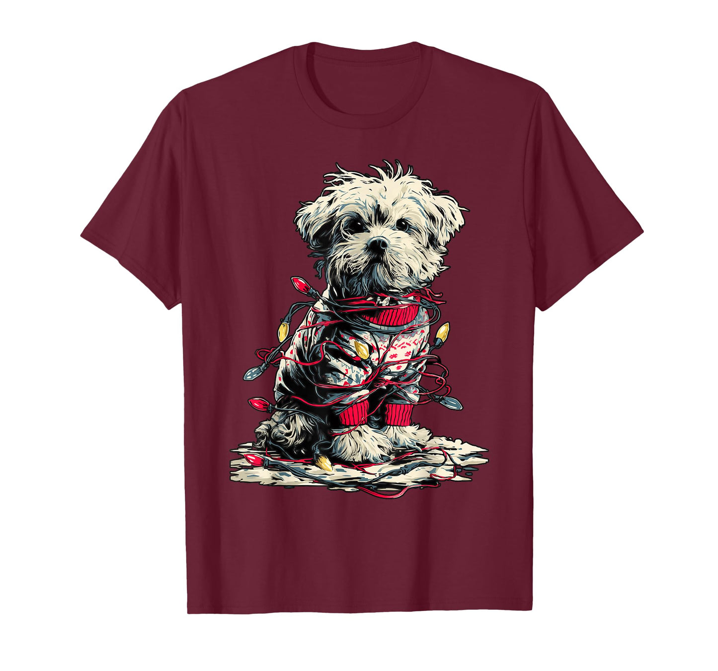 Cute Maltese with Christmas Lights Festive Animal Winter Dog T-Shirt