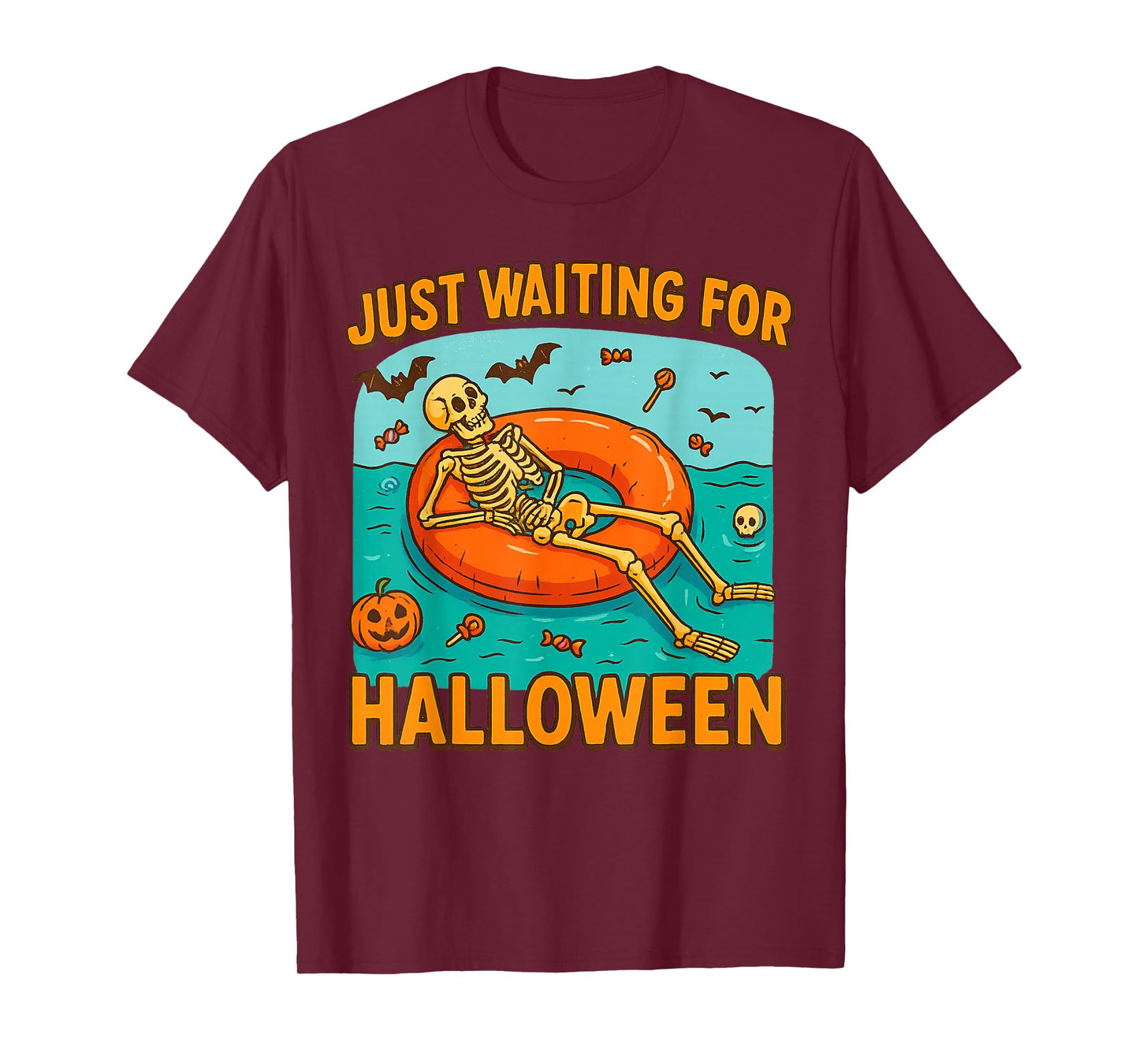 Just Waiting for Halloween Funny Skeleton Floating on Float T-Shirt