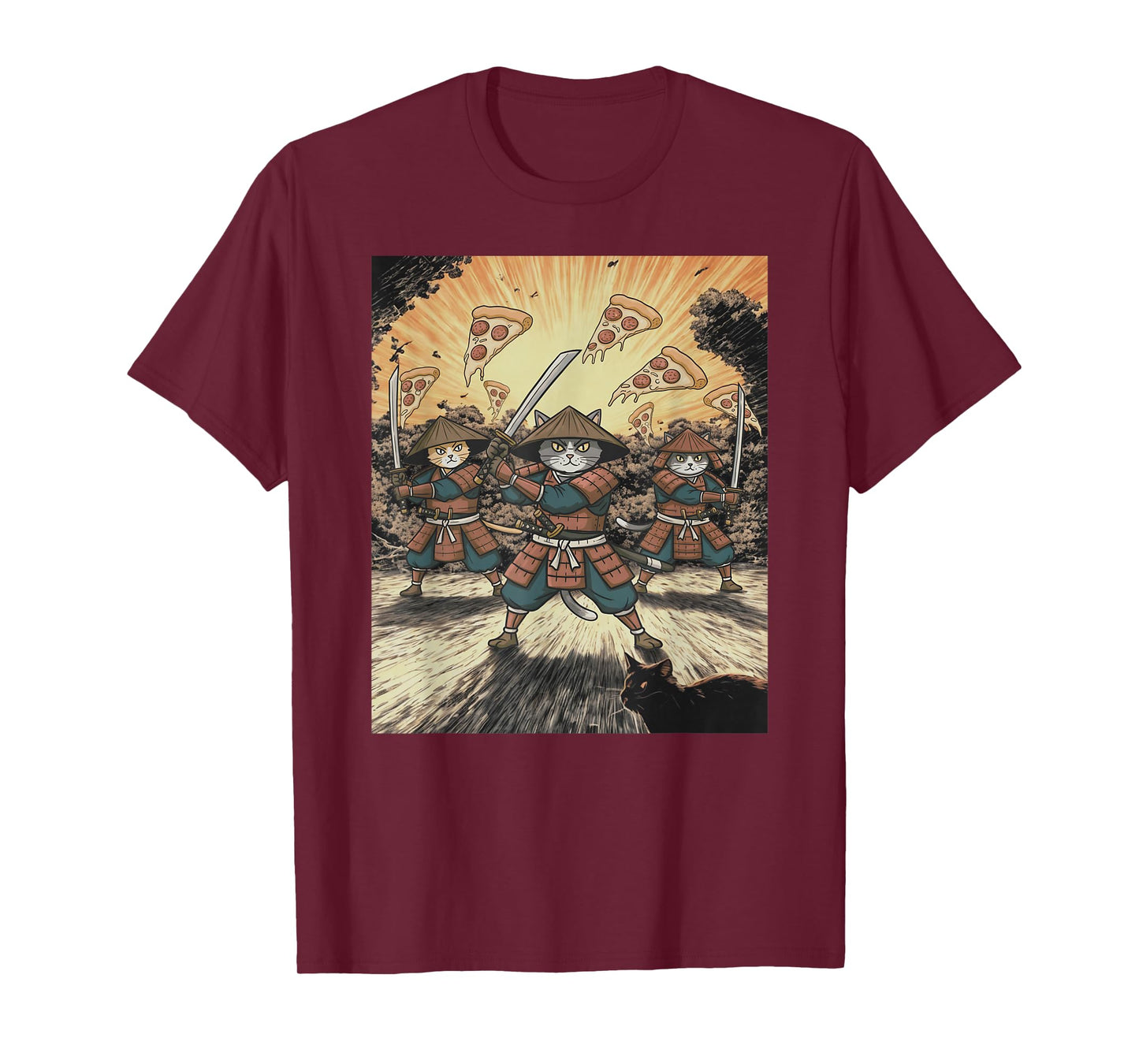 Pizza Battle Cat Graphic Funny Neko Warrior Anime Samurai T-Shirt