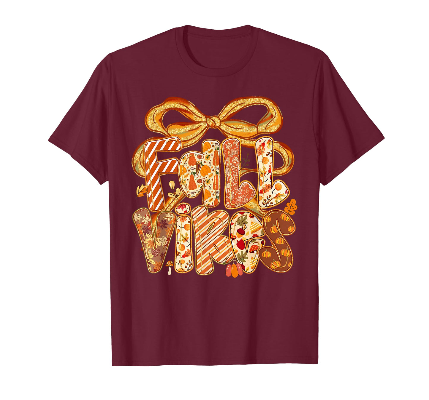 Coquette Bow Fall Vibes Pumpkin Thanksgiving Autumn Leaves T-Shirt