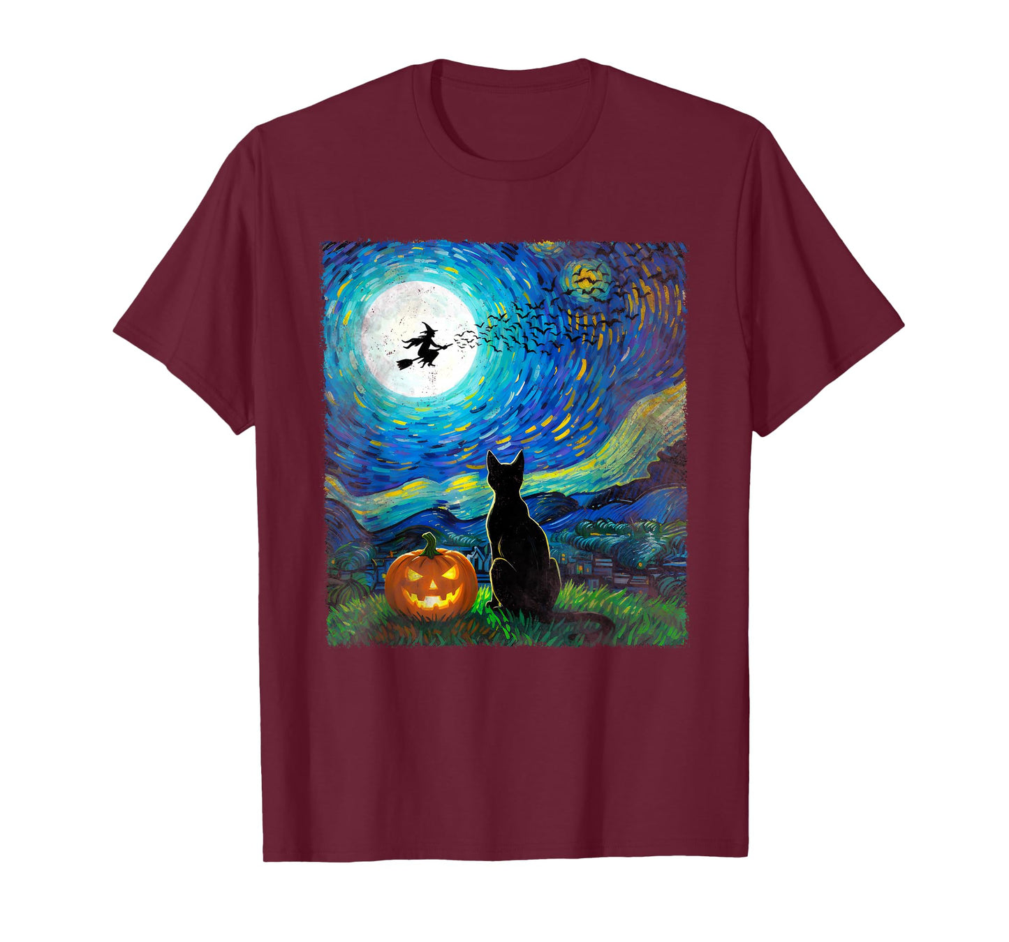 Halloween Black Cat Van Gogh Style Starry Moonlight Night T-Shirt