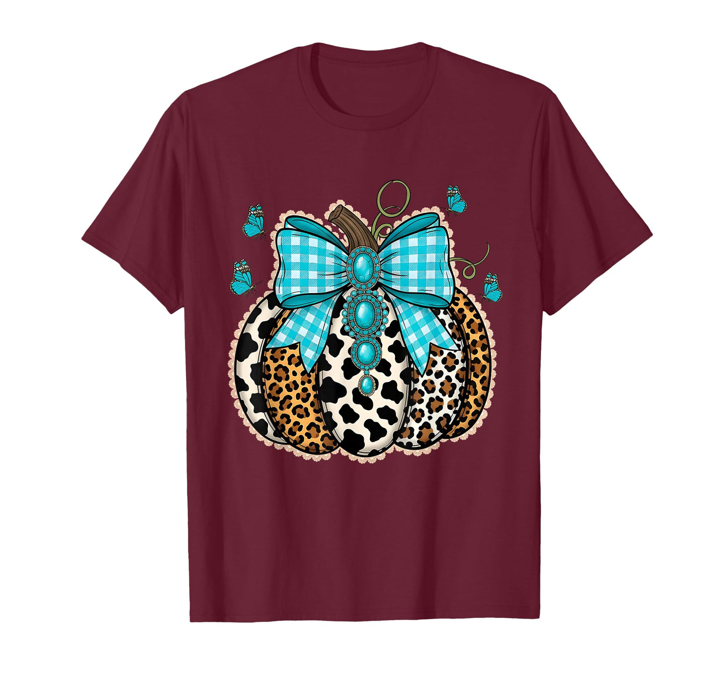 Leopard Turquoise Lace Pumpkin Fall Thanksgiving Halloween T-Shirt