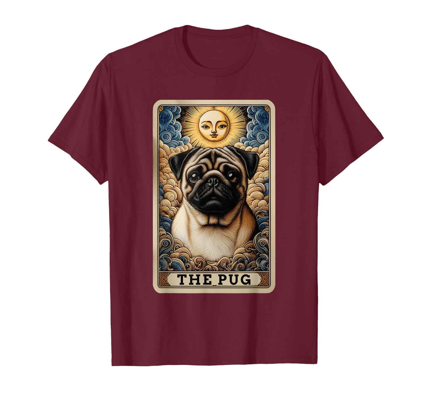The Pug Tarot Card Dog Pug Dogs Unisex-Adult T-Shirt, Black, Small, Short Sleeve, Cartoon Dog Theme, Casual, Playful
