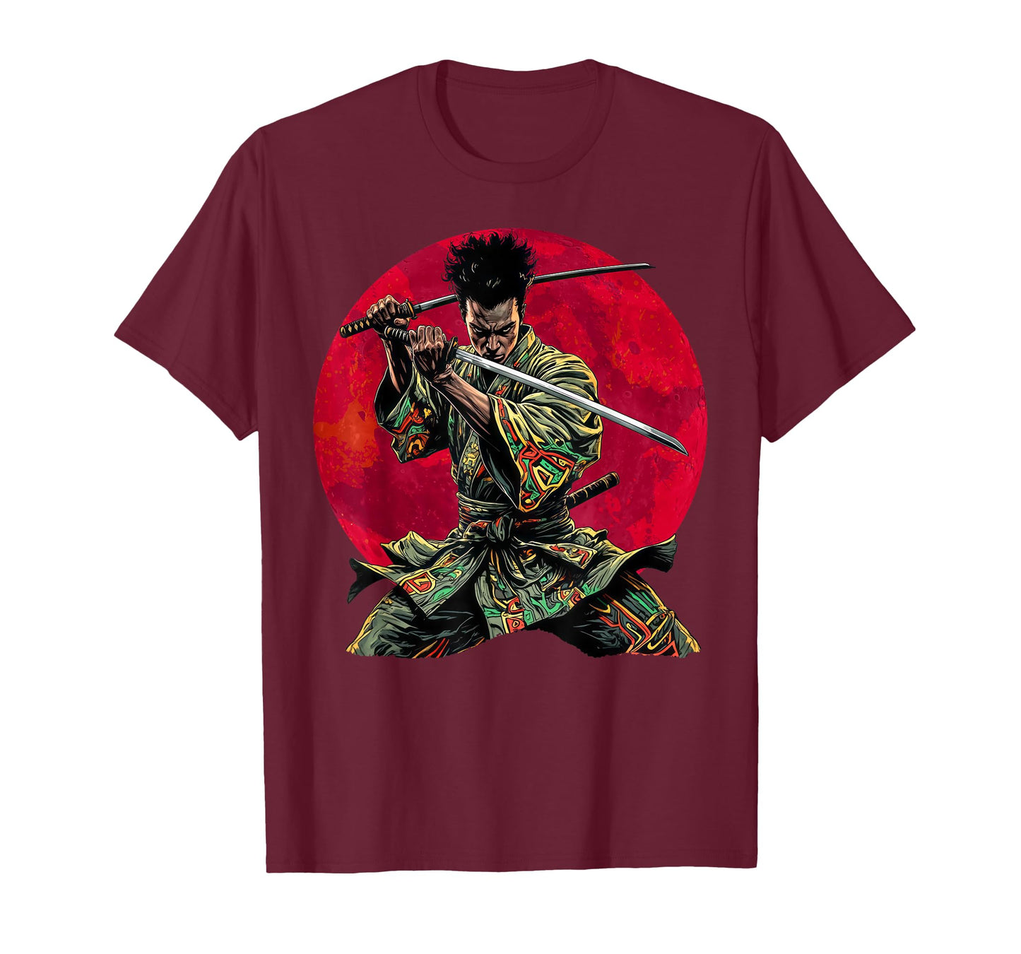 Afro American Samurai Warrior Katana Anime red moon T-Shirt