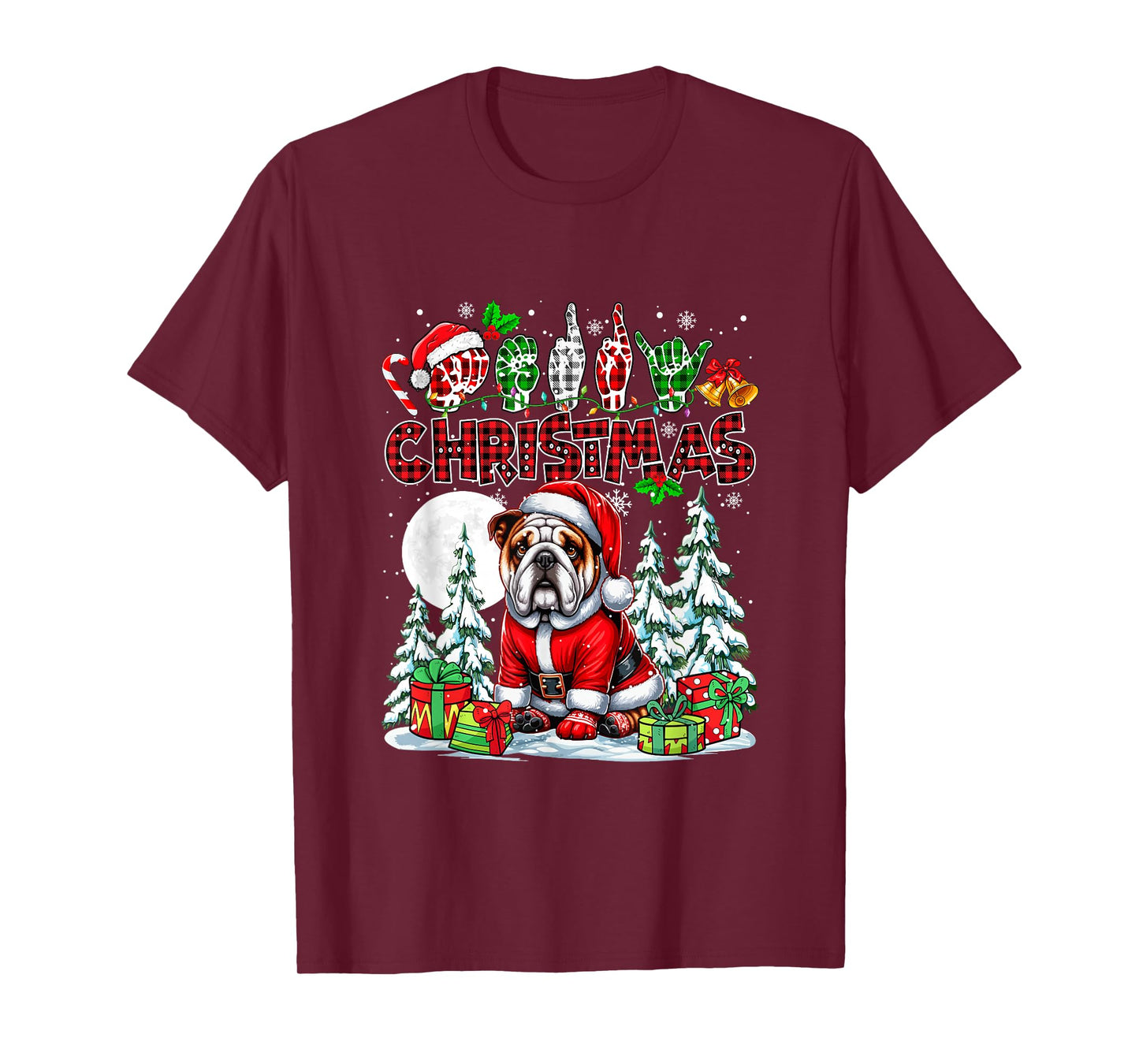 Merry Christmas Hands Sign Language Santa Bulldog Owner T-Shirt