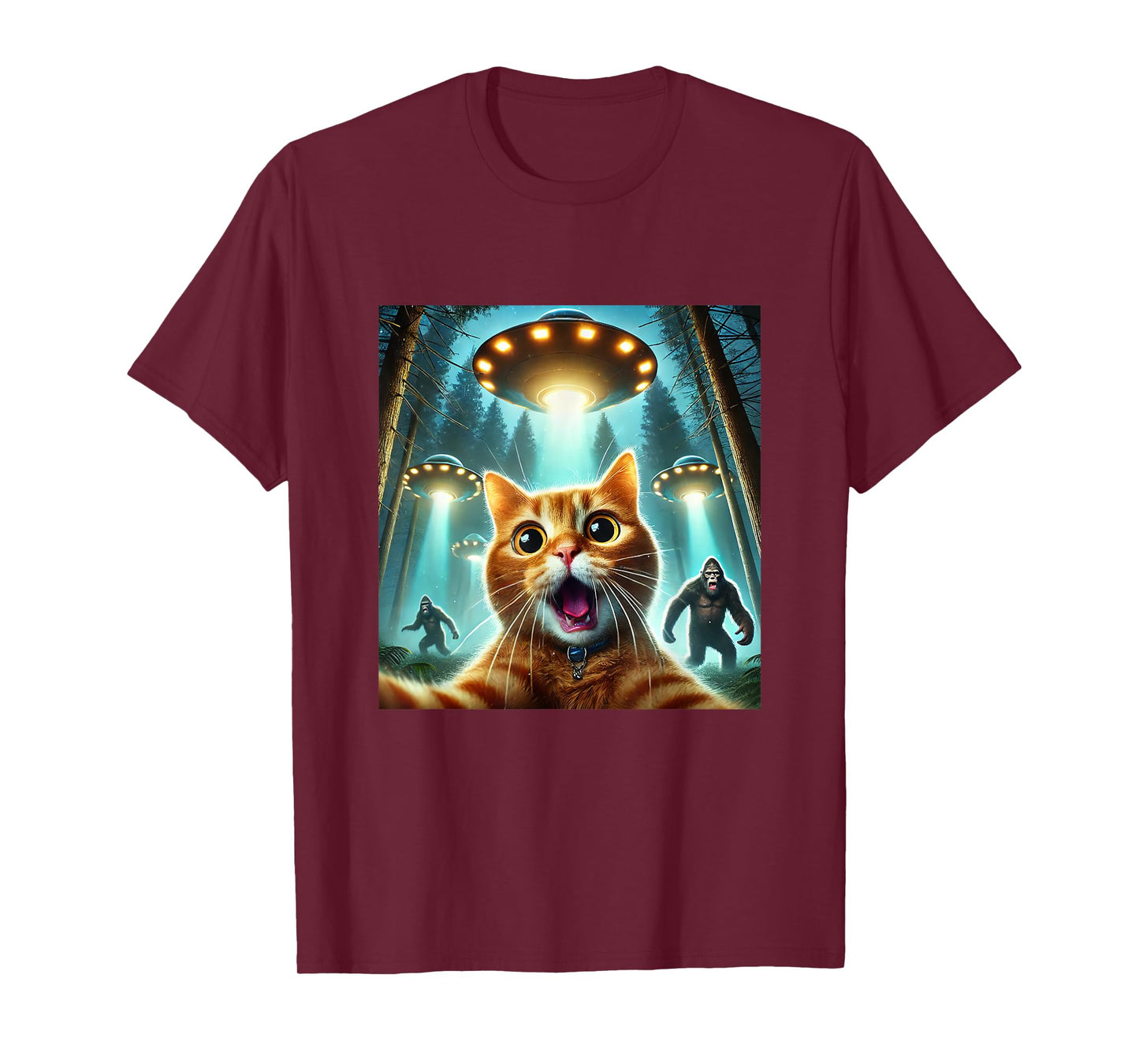 Cat Selfie With Bigfoot And Alien UFO Funny T-Shirt