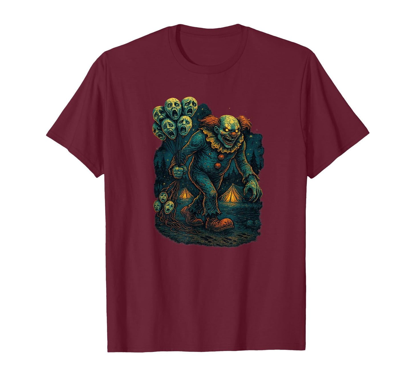 Evil Creepy Clown with Screaming Haunted Balloons Graphic T-Shirt