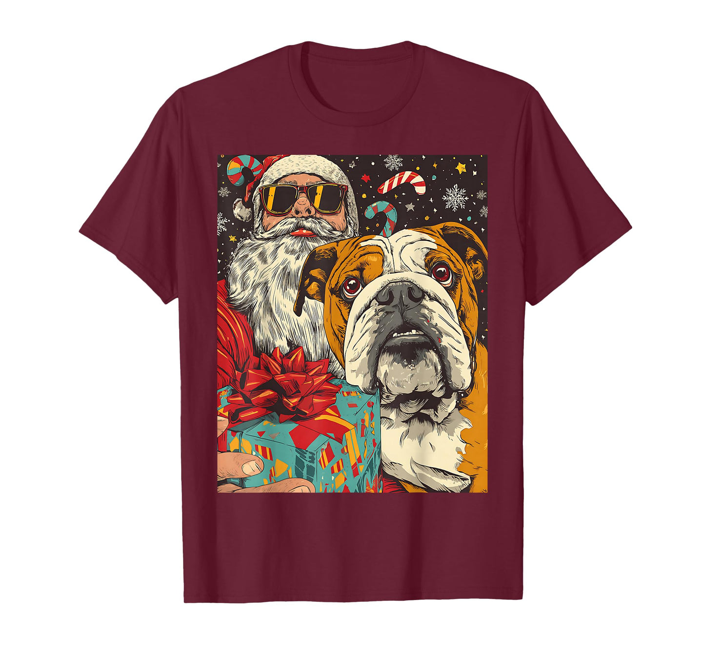Funny Christmas Bulldog Selfie with Santa Xmas T-Shirt