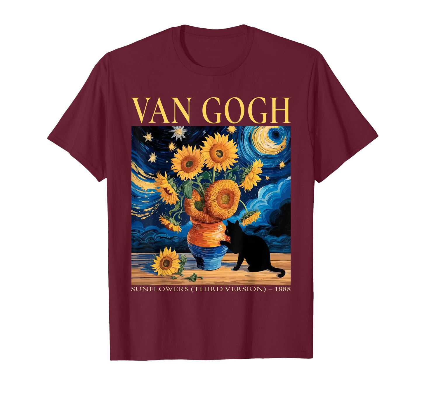 Funny Van Gogh Black Cat With Sunflowers Cat for Men Women T-Shirt