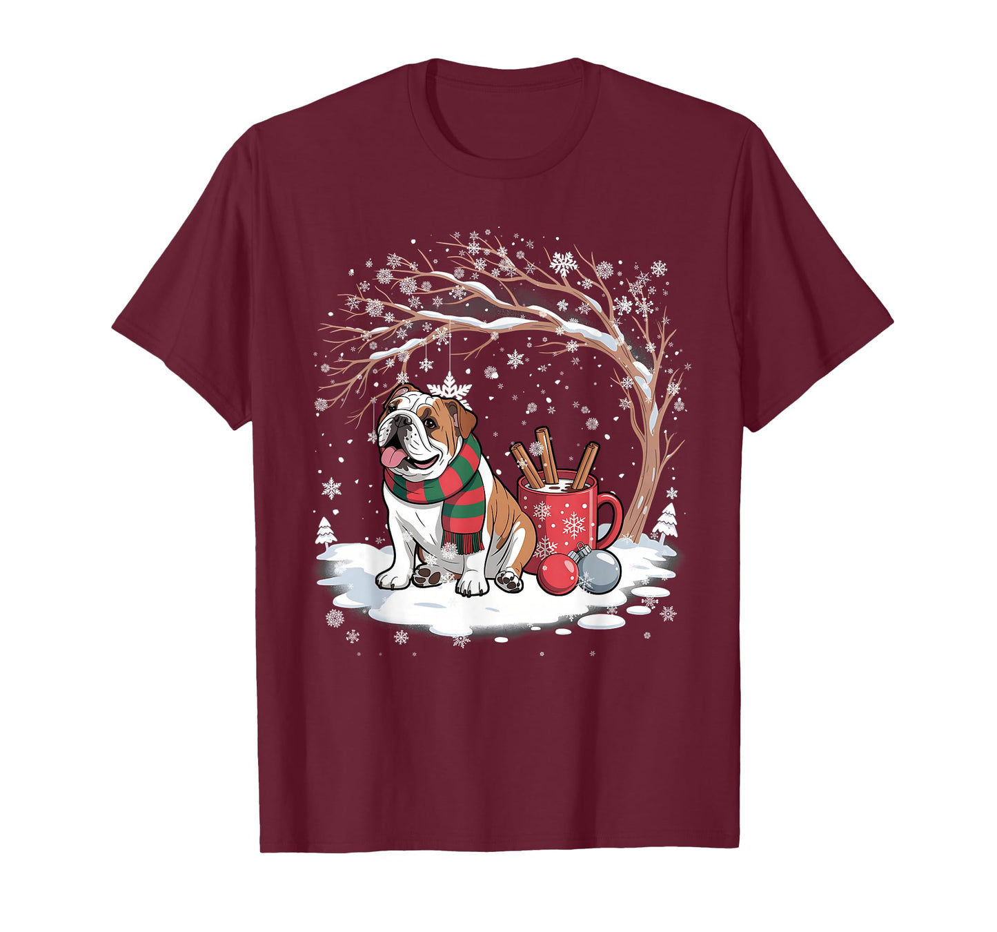Funny English Bulldog in The Snow Tree Christmas Winter Xmas T-Shirt