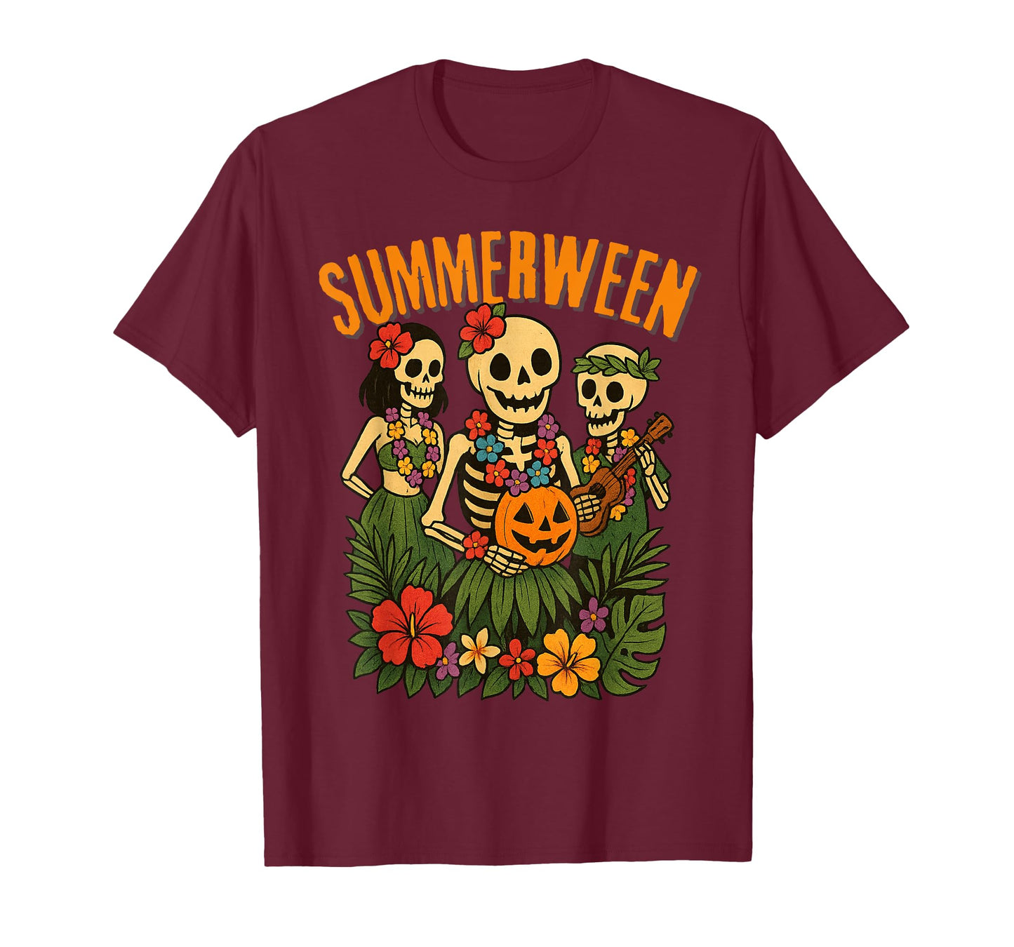 Funny Summerween Skeletons Luau Party Halloween Beach Vibes T-Shirt