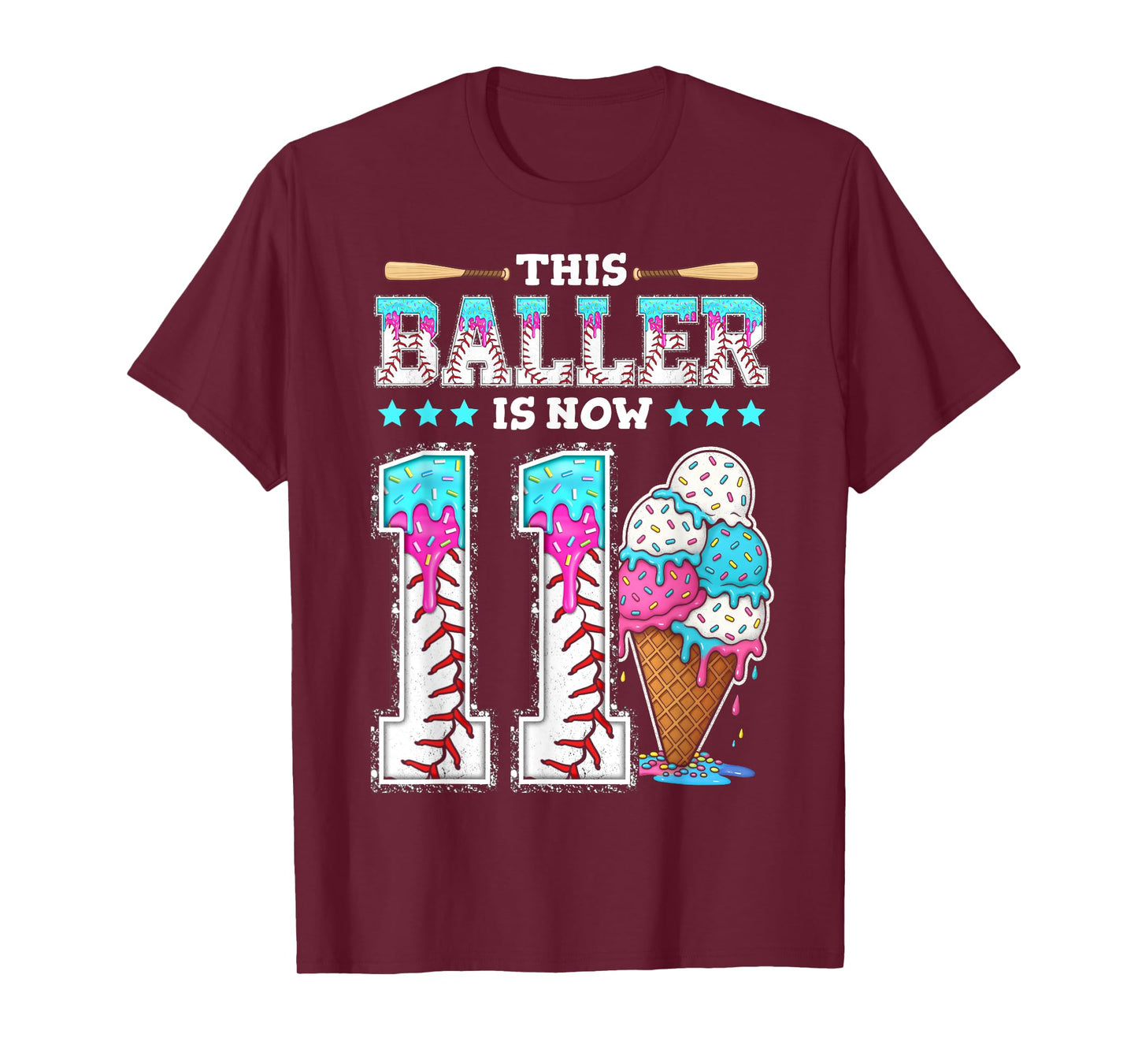 Baller Is Now 11 Year Ice Cream Drip 11th Birthday Baseball T-Shirt