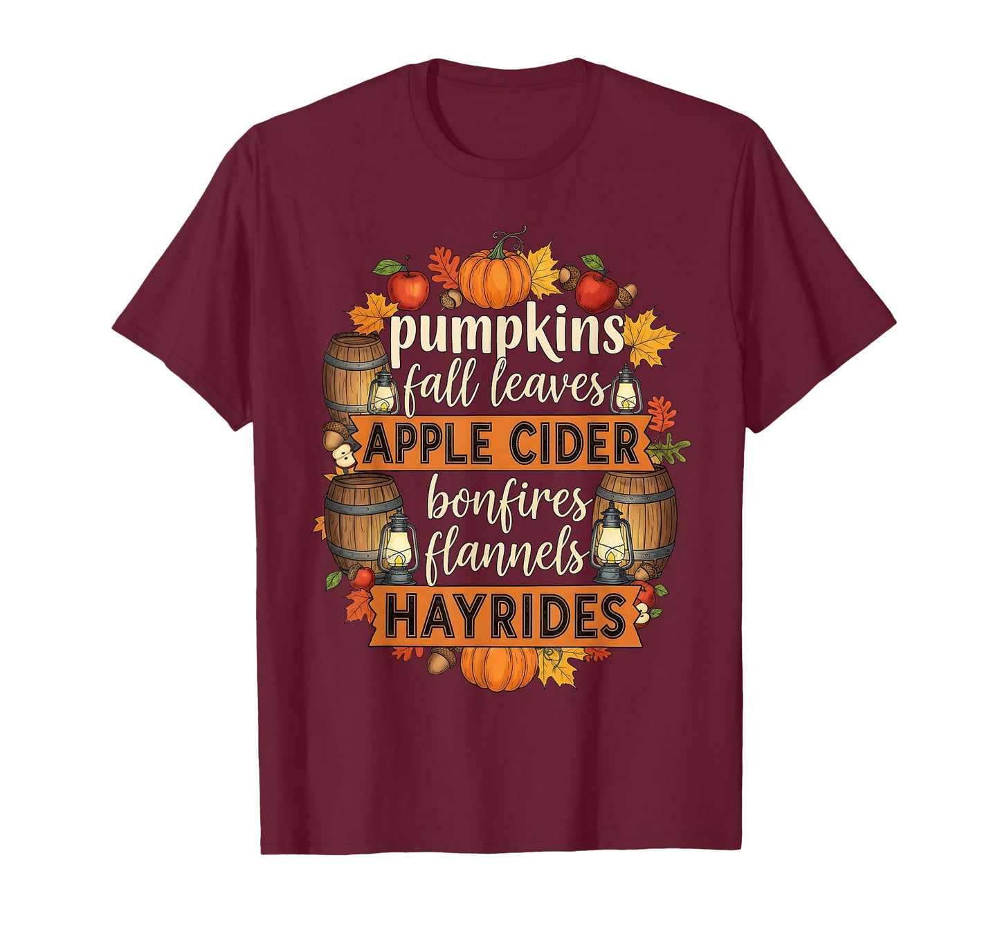 Retro Autumn Pumpkins Fall Leaves Apple Cider Bonfires Cozy T-Shirt