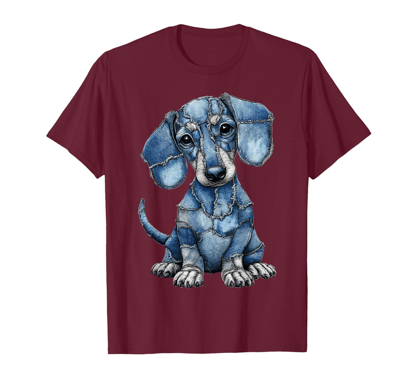 Funny Dachshund Dog Blue Denim Patchwork Graphic Animal T-Shirt