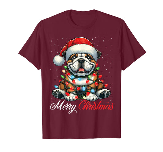 English Bulldog Merry Christmas Lights Santa Hat Xmas Snow T-Shirt