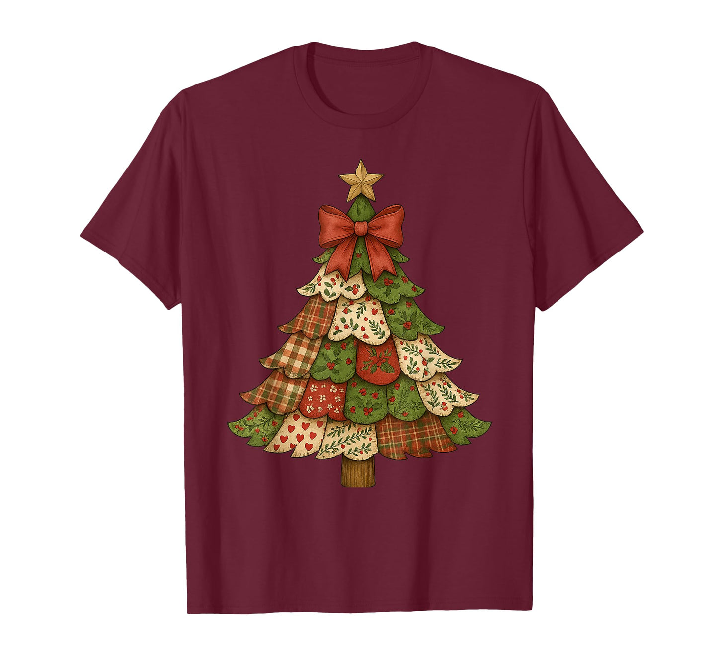 Vintage Patchwork Christmas Tree Retro Merry Christmas Bow T-Shirt