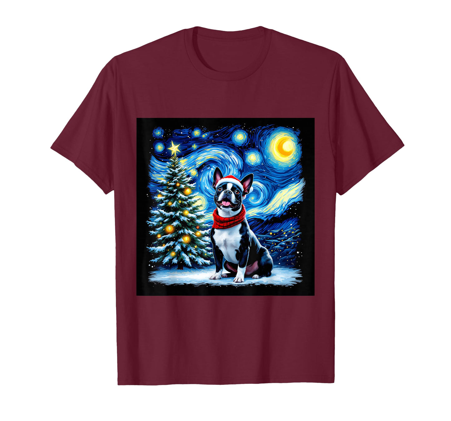 Boston Terrier Starry Night Christmas Van Gogh Dog Santa Hat T-Shirt
