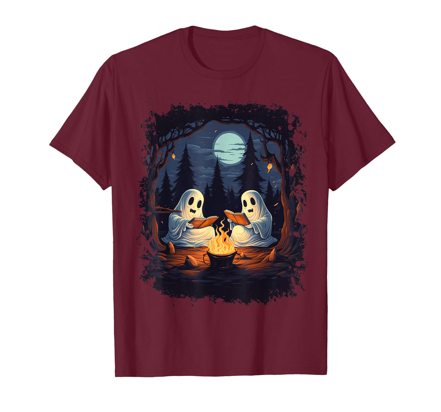 Retro Ghost Reading Books Camping Campfire Gothic Halloween T-Shirt