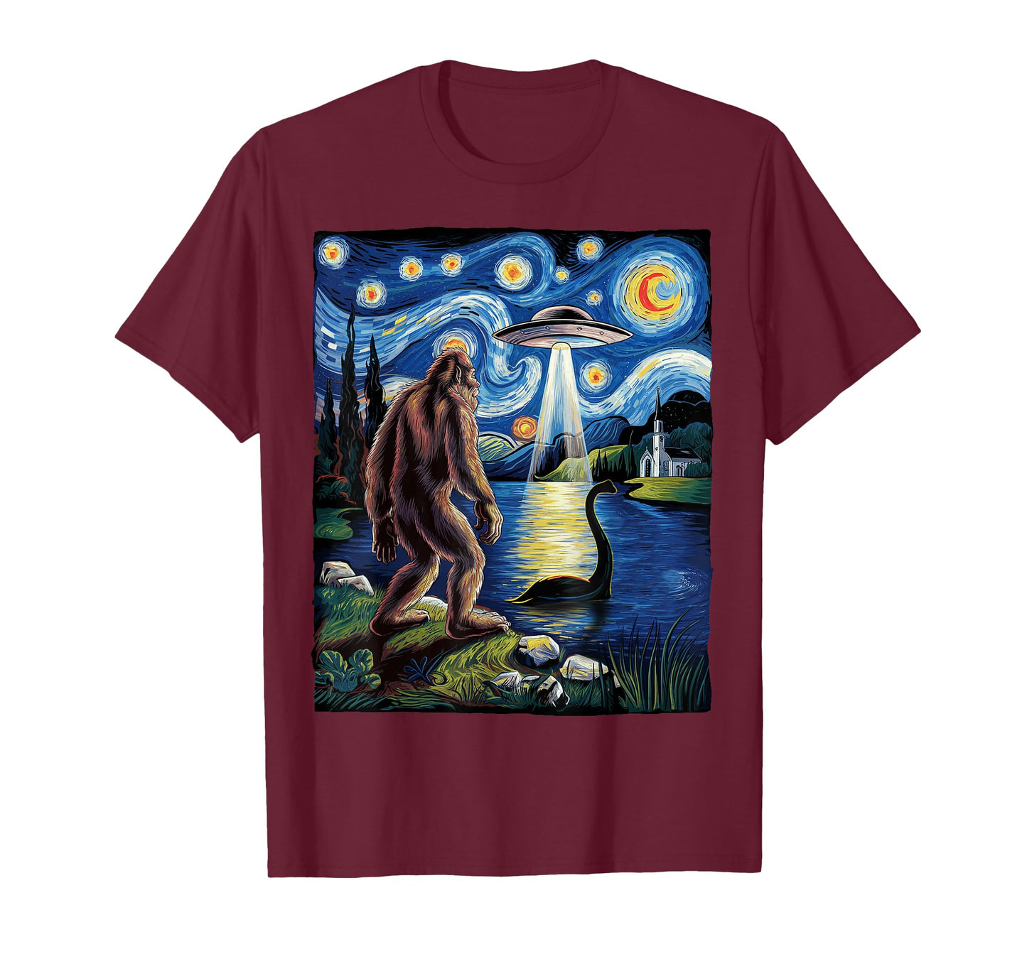 Bigfoot Sasquatch Loch Ness Starry Night Gifts Men Women Kid T-Shirt