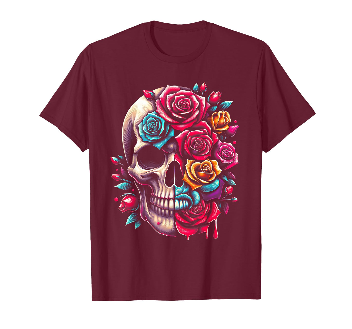 Half Flower Half Skull Sugar Roses for Women Girls Halloween T-Shirt