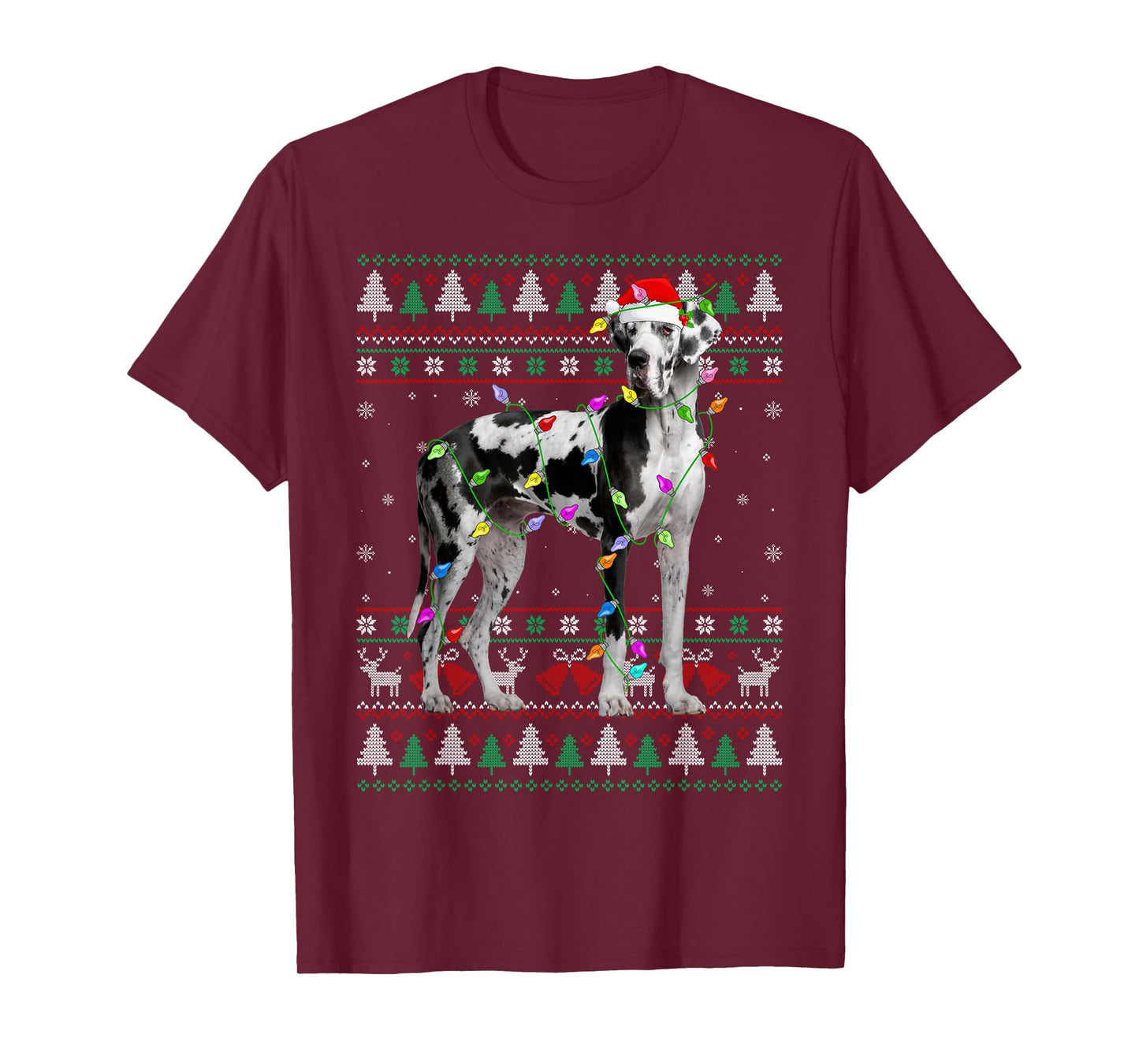 Great Dane Harlequin Dog Christmas Ugly Sweater Lights Xmas T-Shirt