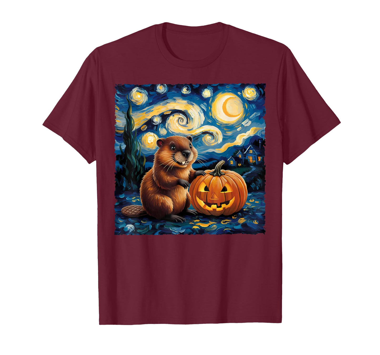 Beaver Pumpkin Van Gogh's The Starry Night Halloween Design T-Shirt