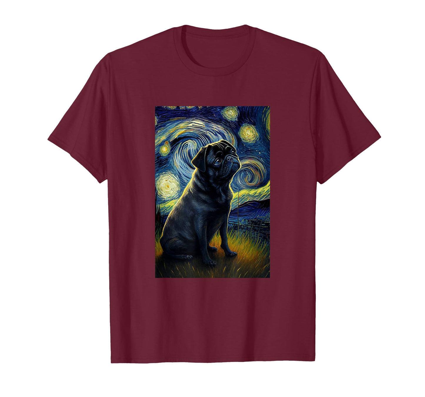 black Pug in Starry Night Painting Dog Mom Dad T-Shirt