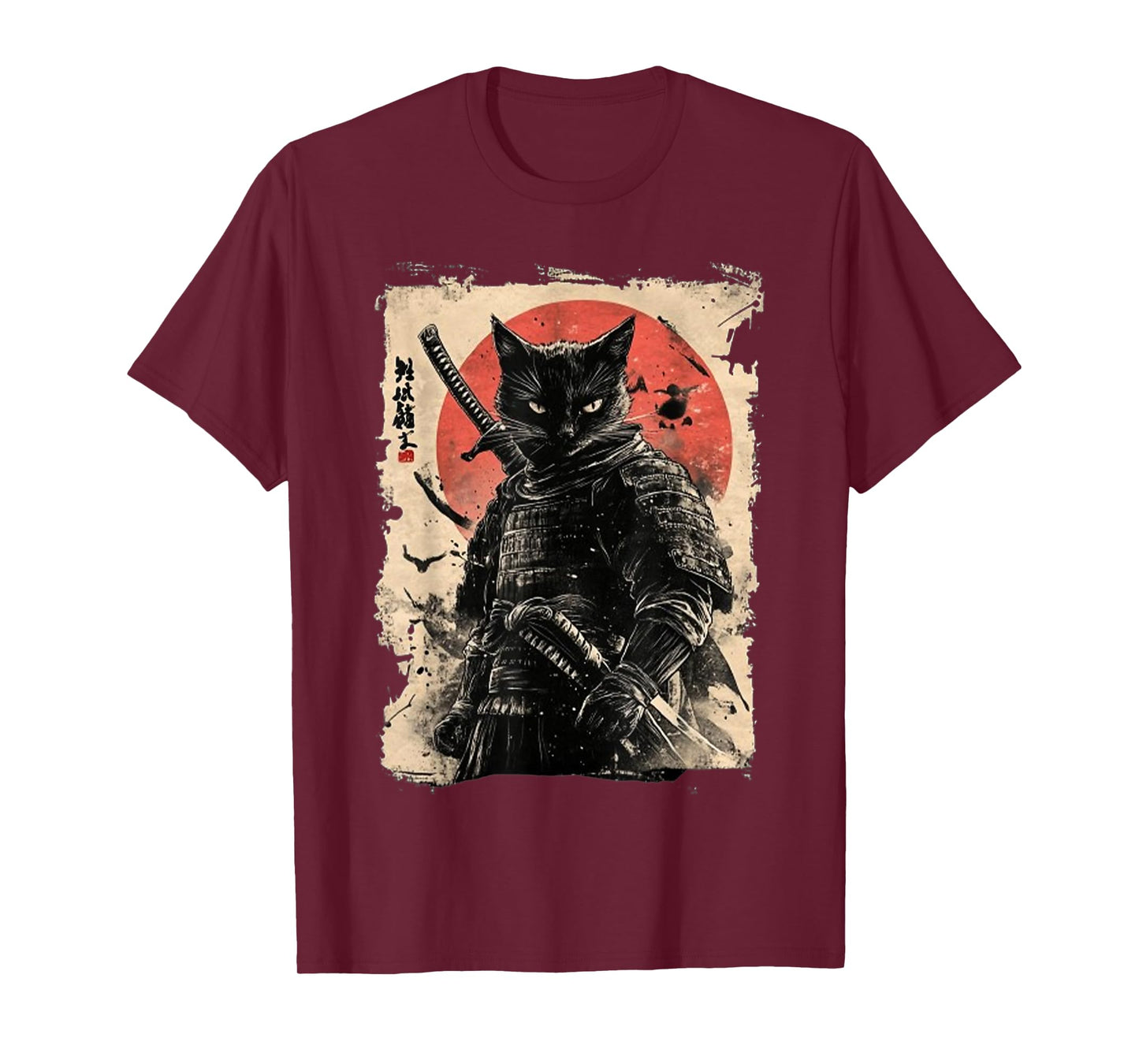 Vintage Japanese Art Anime Graphic Samurai cat Warrior T-Shirt