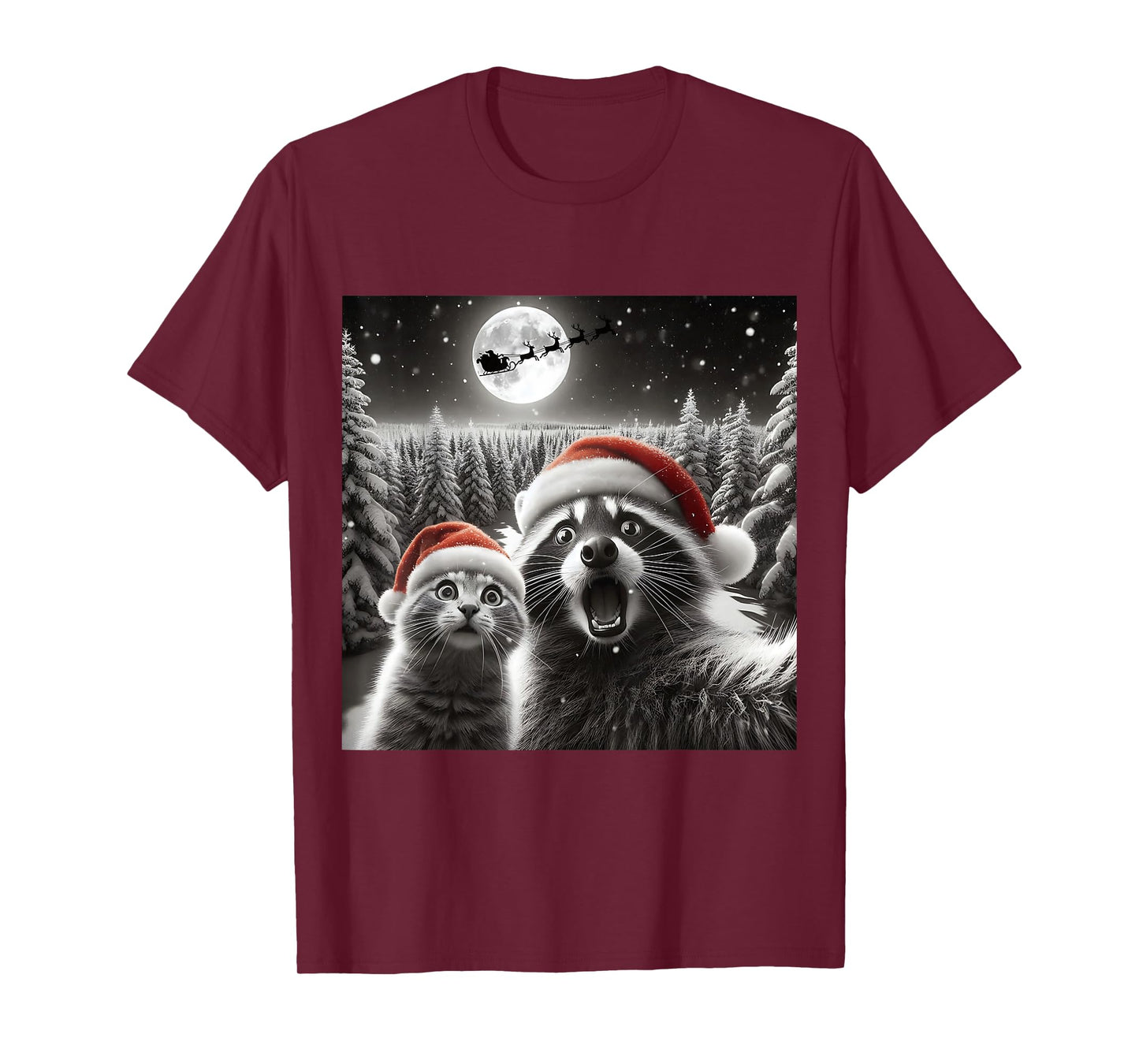 Cat Selfie Racoon Funny Santa Christmas Dog Trending T-Shirt