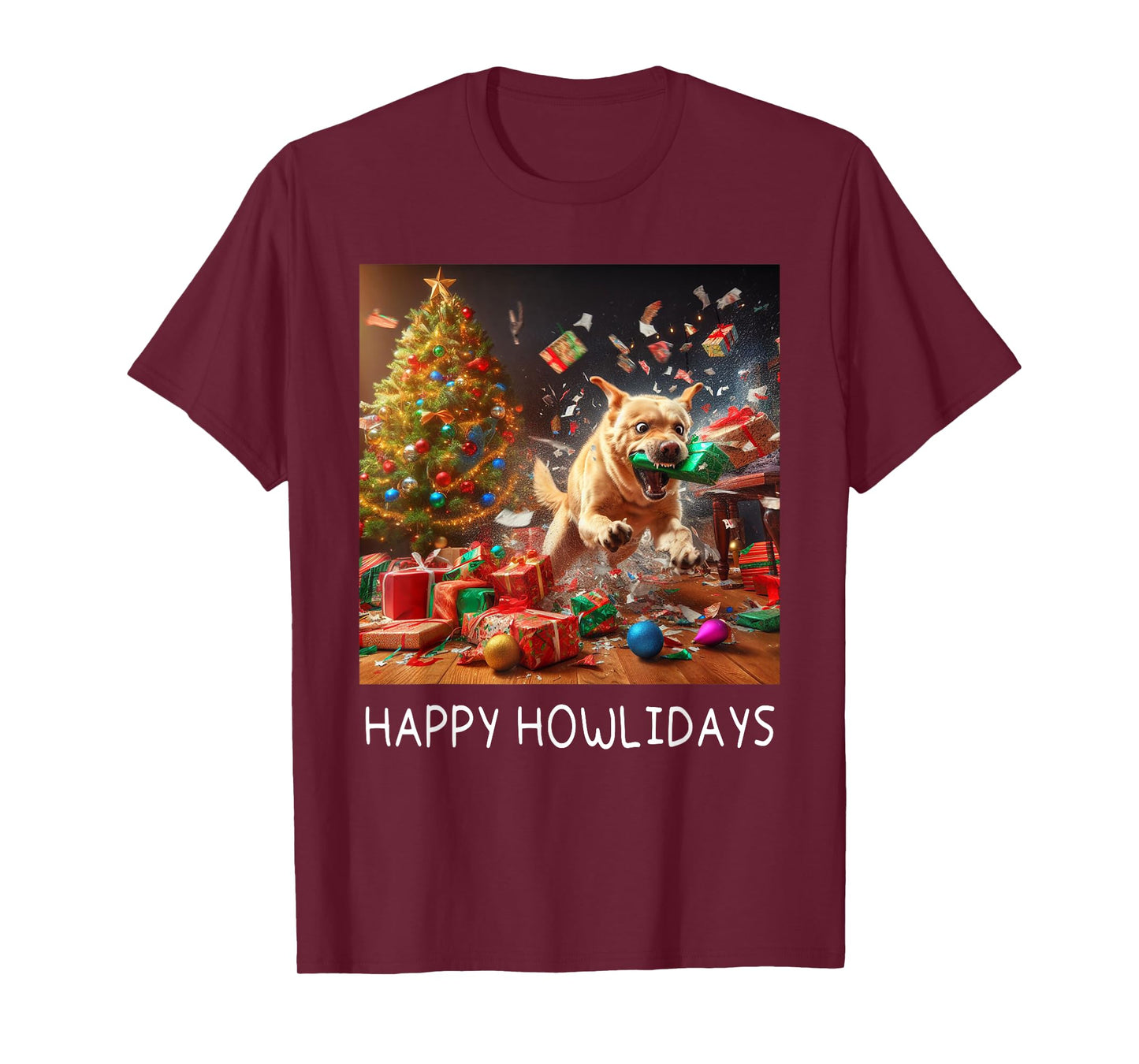 Funny Crazy Chaotic Dog Under The Tree Cute Happy Howlidays T-Shirt