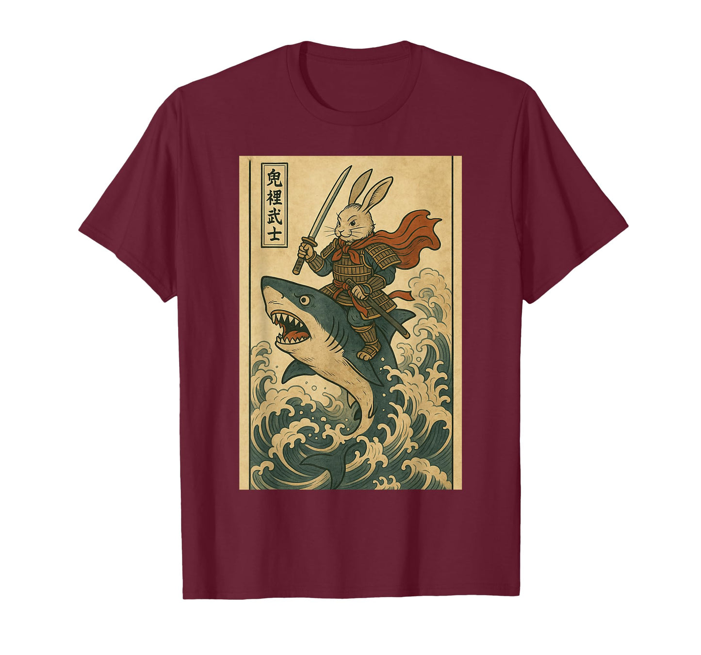 Vintage Japanese Anime Bunny Rabbit Samurai Riding Shark T-Shirt