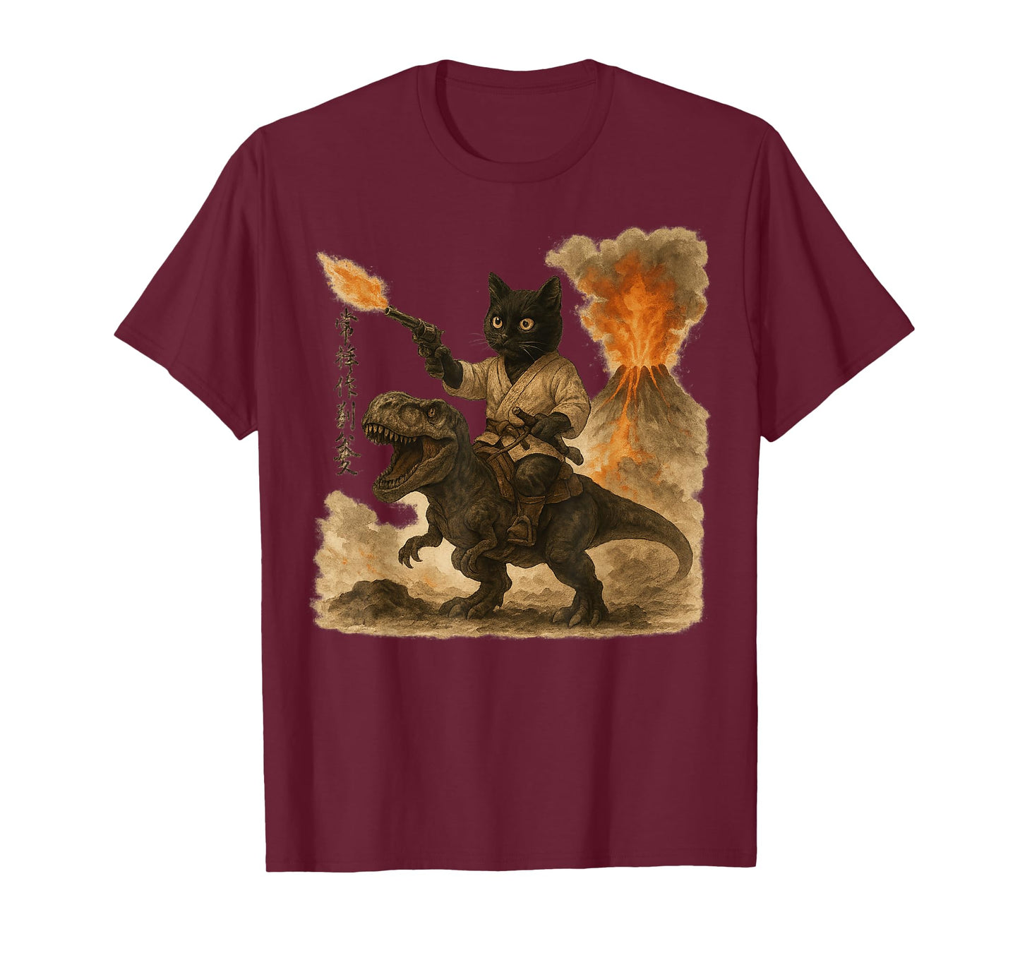 Samurai Cat Riding Dinosaur Japanese Black Cat Kanji T-Shirt
