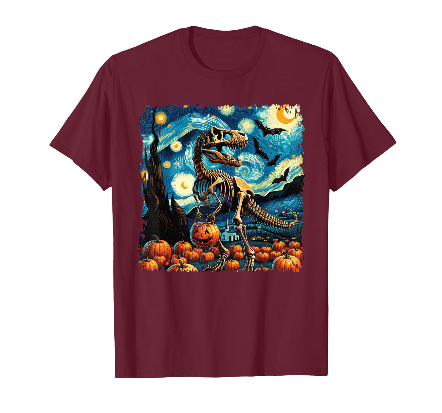 T-Rex Skeleton Halloween Van Gogh Starry Night Fall Pumpkin T-Shirt